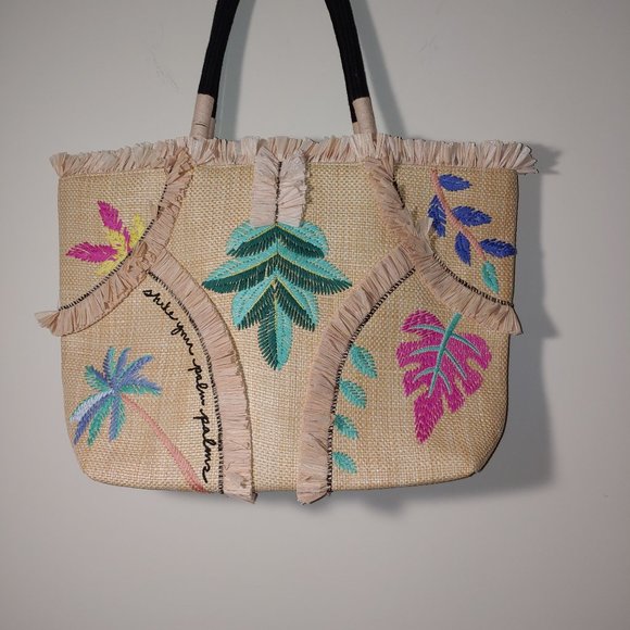 Stella & Dot Embroidered Palm Straw Fringed Tote With Rope Handles - Picture 2 of 11